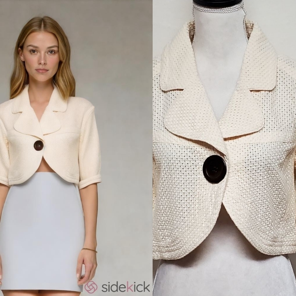 Kenzie Cream Eyelet Quarter Sleeve Single Button Collared Cropped Mini Jacket 6